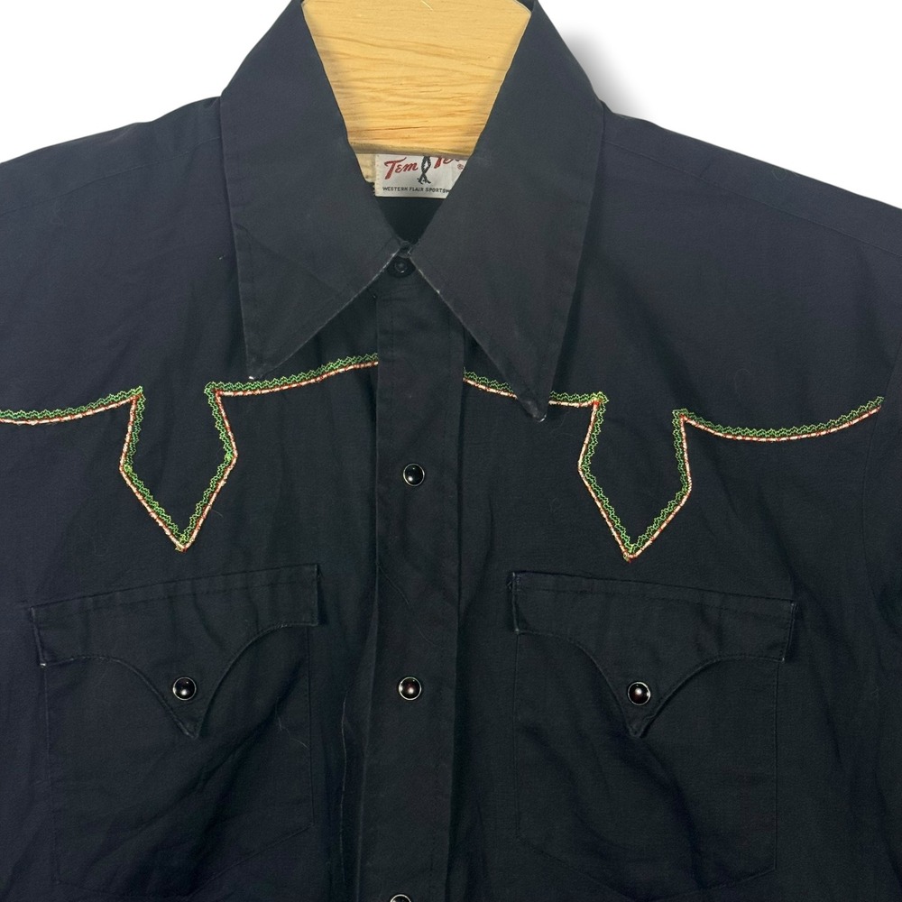 Tem Tex Western Shirt Women L Black Maroon Pearl Snap Embroidered Cotton Blend